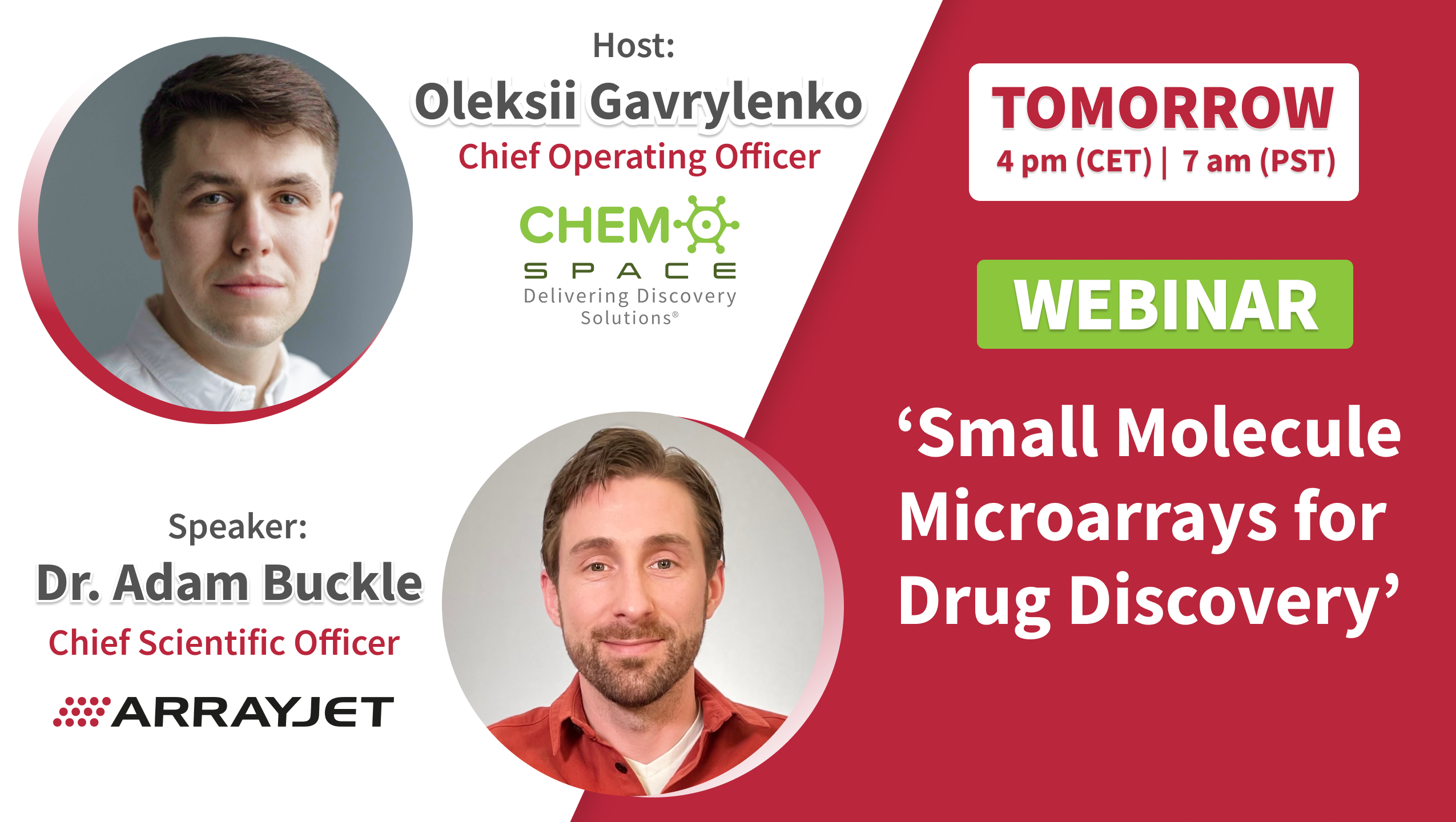 Chemspace & Arrayjet Webinar | Small Molecule Microarrays for Drug Discovery, which will take place TOMORROW, September 21st, 2023, at 4 PM (CET) | 7 AM (PST)