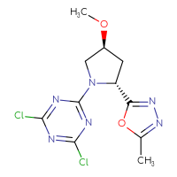 Chemical structure of 2,4-dichloro-6-[(2R,4S)-4-methoxy-2-(5-methyl-1,3,4-oxadiazol-2-yl)pyrrolidin-1-yl]-1,3,5-triazine - CSSB21332154310