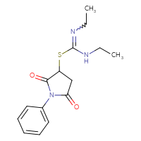 Chemical structure of 1-[(2,5-dioxo-1-phenylpyrrolidin-3-yl)sulfanyl]-N,N'-diethylmethanimidamide - CSSB00121703449