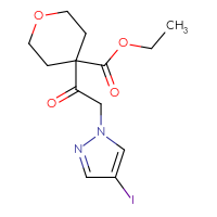 Chemical structure of ethyl 4-[2-(4-iodo-1H-pyrazol-1-yl)acetyl]oxane-4-carboxylate - CSSB14815037750
