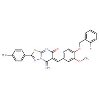 Chemical structure of (6Z)-6-({4-[(2-fluorophenyl)methoxy]-3-methoxyphenyl}methylidene)-5-imino-2-(4-methylphenyl)-5H,6H,7H-[1,3,4]thiadiazolo[3,2-a]pyrimidin-7-one - CSSB00132372484
