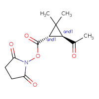 Chemical structure of rac-2,5-dioxopyrrolidin-1-yl (1R,3R)-3-acetyl-2,2-dimethylcyclopropane-1-carboxylate - CSSB20620686882