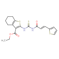 Chemical structure of ethyl 2-({[(2E)-3-(thiophen-2-yl)prop-2-enamido]methanethioyl}amino)-4,5,6,7-tetrahydro-1-benzothiophene-3-carboxylate - CSSB00132935344
