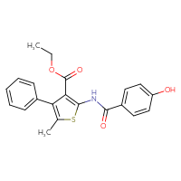 Chemical structure of ethyl 2-(4-hydroxybenzamido)-5-methyl-4-phenylthiophene-3-carboxylate - CSSB00160332739