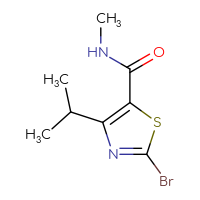 Chemical structure of 2-bromo-N-methyl-4-(propan-2-yl)-1,3-thiazole-5-carboxamide - CSSB09884256105