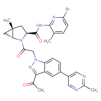 Chemical structure of (1R,3S,5R)-2-{2-[3-acetyl-5-(2-methylpyrimidin-5-yl)-1H-indazol-1-yl]acetyl}-N-(6-bromo-3-methylpyridin-2-yl)-5-methyl-2-azabicyclo[3.1.0]hexane-3-carboxamide - CSSB06354209293
