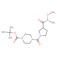 Chemical structure of tert-butyl 4-{3-[methoxy(methyl)carbamoyl]pyrrolidine-1-carbonyl}piperazine-1-carboxylate - CSSB21151590035