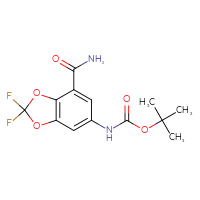 Chemical structure of tert-butyl N-(7-carbamoyl-2,2-difluoro-2H-1,3-benzodioxol-5-yl)carbamate - CSSB15372375586