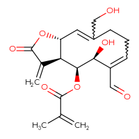 Chemical structure of (3aS,4S,5S,11aR)-6-formyl-5-hydroxy-10-(hydroxymethyl)-3-methylidene-2-oxo-2H,3H,3aH,4H,5H,8H,9H,11aH-cyclodeca[b]furan-4-yl 2-methylprop-2-enoate - CSSB09881015273