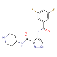 Chemical structure of 4-(3,5-difluorobenzamido)-N-(piperidin-4-yl)-1H-pyrazole-3-carboxamide - CSSB20621659903