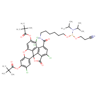 Chemical structure of 6-{[6-({[bis(propan-2-yl)amino](2-cyanoethoxy)phosphanyl}oxy)hexyl]carbamoyl}-2',4,7,7'-tetrachloro-6'-[(2,2-dimethylpropanoyl)oxy]-3-oxo-3H-spiro[2-benzofuran-1,9'-xanthen]-3'-yl 2,2-dimethylpropanoate - CSSB14863683216