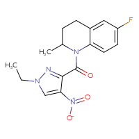 Chemical structure of 1-(1-ethyl-4-nitro-1H-pyrazole-3-carbonyl)-6-fluoro-2-methyl-1,2,3,4-tetrahydroquinoline - CSSB00121668742
