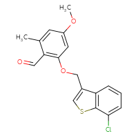 Chemical structure of 2-[(7-chloro-1-benzothiophen-3-yl)methoxy]-4-methoxy-6-methylbenzaldehyde - CSSB21349252462