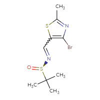 Chemical structure of (R)-N-[(4-bromo-2-methyl-1,3-thiazol-5-yl)methylidene]-2-methylpropane-2-sulfinamide - CSSB20633999081