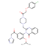 Chemical structure of 2-({4-[2-(4-chlorophenoxy)acetyl]piperazin-1-yl}methyl)-3-{5-[2-(1H-imidazol-1-yl)acetyl]-2-(propan-2-yloxy)phenyl}-3,4-dihydroquinazolin-4-one - CSSB00161188922