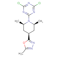 Chemical structure of 2,4-dichloro-6-[(2R,4r,6S)-2,6-dimethyl-4-(5-methyl-1,3,4-oxadiazol-2-yl)piperidin-1-yl]-1,3,5-triazine - CSSB21332145957