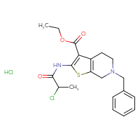 Chemical structure of ethyl 6-benzyl-2-(2-chloropropanamido)-4H,5H,6H,7H-thieno[2,3-c]pyridine-3-carboxylate hydrochloride - CSSB00000682207
