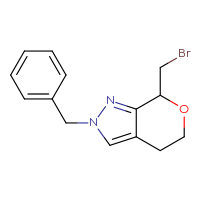 Chemical structure of 2-benzyl-7-(bromomethyl)-2H,4H,5H,7H-pyrano[3,4-c]pyrazole - CSSB00010751822