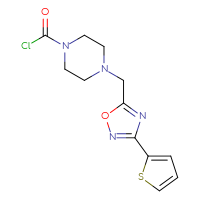 Chemical structure of 4-{[3-(thiophen-2-yl)-1,2,4-oxadiazol-5-yl]methyl}piperazine-1-carbonyl chloride - CSSB21224775064