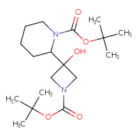 Chemical structure of tert-butyl 2-{1-[(tert-butoxy)carbonyl]-3-hydroxyazetidin-3-yl}piperidine-1-carboxylate - CSSB14834940893