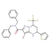 Chemical structure of N,N-dibenzyl-3-bromo-5-(thiophen-2-yl)-7-(trifluoromethyl)-4H,5H,6H,7H-pyrazolo[1,5-a]pyrimidine-2-carboxamide - CSSB00160274295