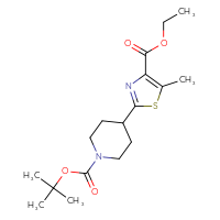 Chemical structure of tert-butyl 4-[4-(ethoxycarbonyl)-5-methyl-1,3-thiazol-2-yl]piperidine-1-carboxylate - CSSB01430221370