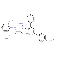 Chemical structure of 3-amino-N-(2-ethyl-6-methylphenyl)-6-(4-methoxyphenyl)-4-phenylthieno[2,3-b]pyridine-2-carboxamide - CSSB00103159635