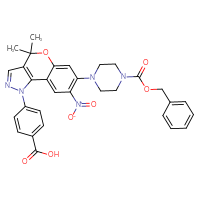 Chemical structure of 4-(7-{4-[(benzyloxy)carbonyl]piperazin-1-yl}-4,4-dimethyl-8-nitro-1H,4H-chromeno[4,3-c]pyrazol-1-yl)benzoic acid - CSSB02495325445