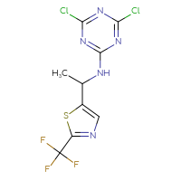 Chemical structure of 4,6-dichloro-N-{1-[2-(trifluoromethyl)-1,3-thiazol-5-yl]ethyl}-1,3,5-triazin-2-amine - CSSB21332127525