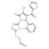 Chemical structure of 5-(2-fluorophenyl)-4-(furan-2-carbonyl)-3-hydroxy-1-[5-(prop-2-en-1-ylsulfanyl)-1,3,4-thiadiazol-2-yl]-2,5-dihydro-1H-pyrrol-2-one - CSSB00132784703
