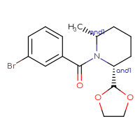 Chemical structure of rac-(2R,6R)-1-(3-bromobenzoyl)-2-(1,3-dioxolan-2-yl)-6-methylpiperidine - CSSB21432460740