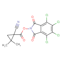 Chemical structure of 4,5,6,7-tetrachloro-1,3-dioxo-2,3-dihydro-1H-isoindol-2-yl 1-cyano-2,2-dimethylcyclopropane-1-carboxylate - CSSB20270808519