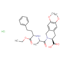 Chemical structure of (3S)-2-[(2S)-2-{[(2S)-1-ethoxy-1-oxo-4-phenylbutan-2-yl]amino}propanoyl]-6,7-dimethoxy-1,2,3,4-tetrahydroisoquinoline-3-carboxylic acid hydrochloride - CSSB00020617887