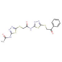Chemical structure of 2-[(5-acetamido-1,3,4-thiadiazol-2-yl)sulfanyl]-N-{5-[(2-oxo-2-phenylethyl)sulfanyl]-1,3,4-thiadiazol-2-yl}acetamide - CSSB00121630120
