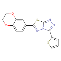 Chemical structure of 6-(2,3-dihydro-1,4-benzodioxin-6-yl)-3-(thiophen-2-yl)-[1,2,4]triazolo[3,4-b][1,3,4]thiadiazole - CSSB00121726522