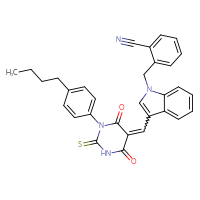 Chemical structure of 2-[(3-{[1-(4-butylphenyl)-4,6-dioxo-2-sulfanylidene-1,3-diazinan-5-ylidene]methyl}-1H-indol-1-yl)methyl]benzonitrile - CSSB00121706898