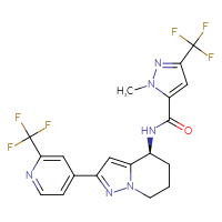 Chemical structure of 1-methyl-3-(trifluoromethyl)-N-[(4S)-2-[2-(trifluoromethyl)pyridin-4-yl]-4H,5H,6H,7H-pyrazolo[1,5-a]pyridin-4-yl]-1H-pyrazole-5-carboxamide - CSSB21298196669