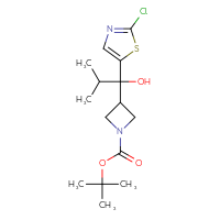 Chemical structure of tert-butyl 3-[1-(2-chloro-1,3-thiazol-5-yl)-1-hydroxy-2-methylpropyl]azetidine-1-carboxylate - CSSB20846952475
