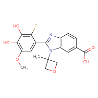 Chemical structure of 2-(2-fluoro-3,4-dihydroxy-5-methoxyphenyl)-1-(3-methyloxetan-3-yl)-1H-1,3-benzodiazole-6-carboxylic acid - CSSB14929179985