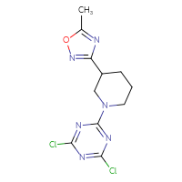 Chemical structure of 2,4-dichloro-6-[3-(5-methyl-1,2,4-oxadiazol-3-yl)piperidin-1-yl]-1,3,5-triazine - CSSB20732621820