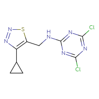 Chemical structure of 4,6-dichloro-N-[(4-cyclopropyl-1,2,3-thiadiazol-5-yl)methyl]-1,3,5-triazin-2-amine - CSSB03460374241