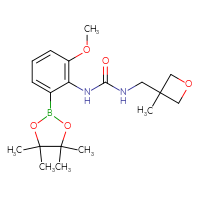 Chemical structure of 1-[2-methoxy-6-(4,4,5,5-tetramethyl-1,3,2-dioxaborolan-2-yl)phenyl]-3-[(3-methyloxetan-3-yl)methyl]urea - CSSB21332130195