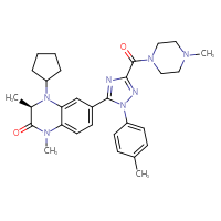 Chemical structure of (3R)-4-cyclopentyl-1,3-dimethyl-6-[1-(4-methylphenyl)-3-(4-methylpiperazine-1-carbonyl)-1H-1,2,4-triazol-5-yl]-1,2,3,4-tetrahydroquinoxalin-2-one - CSSB14823689057