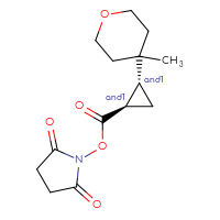 Chemical structure of rac-2,5-dioxopyrrolidin-1-yl (1R,2R)-2-(4-methyloxan-4-yl)cyclopropane-1-carboxylate - CSSB20269749350