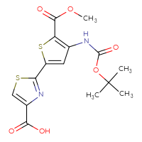 Chemical structure of 2-(4-{[(tert-butoxy)carbonyl]amino}-5-(methoxycarbonyl)thiophen-2-yl)-1,3-thiazole-4-carboxylic acid - CSSB21531616281