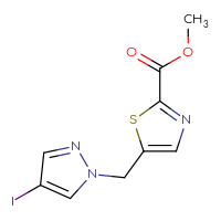 Chemical structure of methyl 5-[(4-iodo-1H-pyrazol-1-yl)methyl]-1,3-thiazole-2-carboxylate - CSSB20618359446