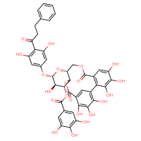 Chemical structure of (11R,13S,14R,15R,16R)-13-[3,5-dihydroxy-4-(3-phenylpropanoyl)phenoxy]-3,4,5,14,20,21,22-heptahydroxy-8,18-dioxo-9,12,17-trioxatetracyclo[17.3.1.0²,⁷.0¹¹,¹⁶]tricosa-1(22),2(7),3,5,19(23),20-hexaen-15-yl 3,4,5-trihydroxybenzoate - CSSB06633776574