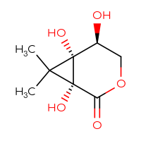 Chemical structure of (1R,5S,6R)-1,5,6-trihydroxy-7,7-dimethyl-3-oxabicyclo[4.1.0]heptan-2-one - CSSB00015542485