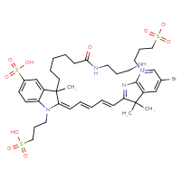 Chemical structure of 2-[(1E,3E)-5-[(2E)-3-{5-[(3-aminopropyl)carbamoyl]pentyl}-3-methyl-5-sulfo-1-(3-sulfopropyl)-2,3-dihydro-1H-indol-2-ylidene]penta-1,3-dien-1-yl]-5-bromo-3,3-dimethyl-7-(3-sulfonatopropyl)-3H-pyrrolo[2,3-b]pyridin-7-ium - CSSB21243167329