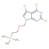 Chemical structure of 2,4,5-trichloro-7-{[2-(trimethylsilyl)ethoxy]methyl}-7H-pyrrolo[2,3-d]pyrimidine - CSSB14907598816